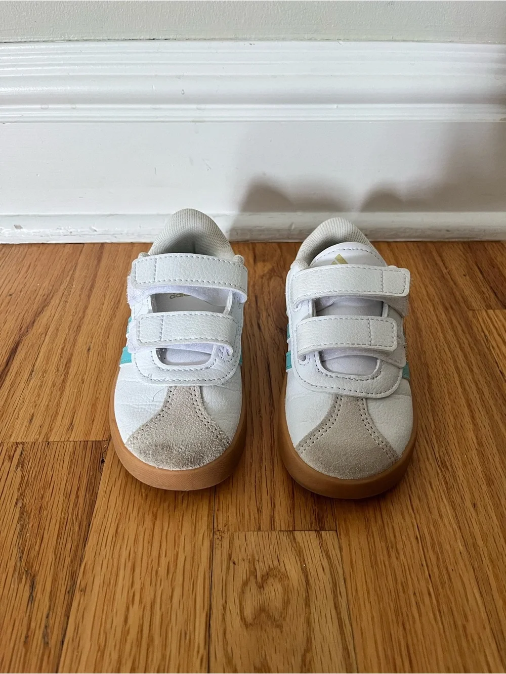 Adidas Kids Size 8 White and Teal Velcro Sneakers with Gum Sole